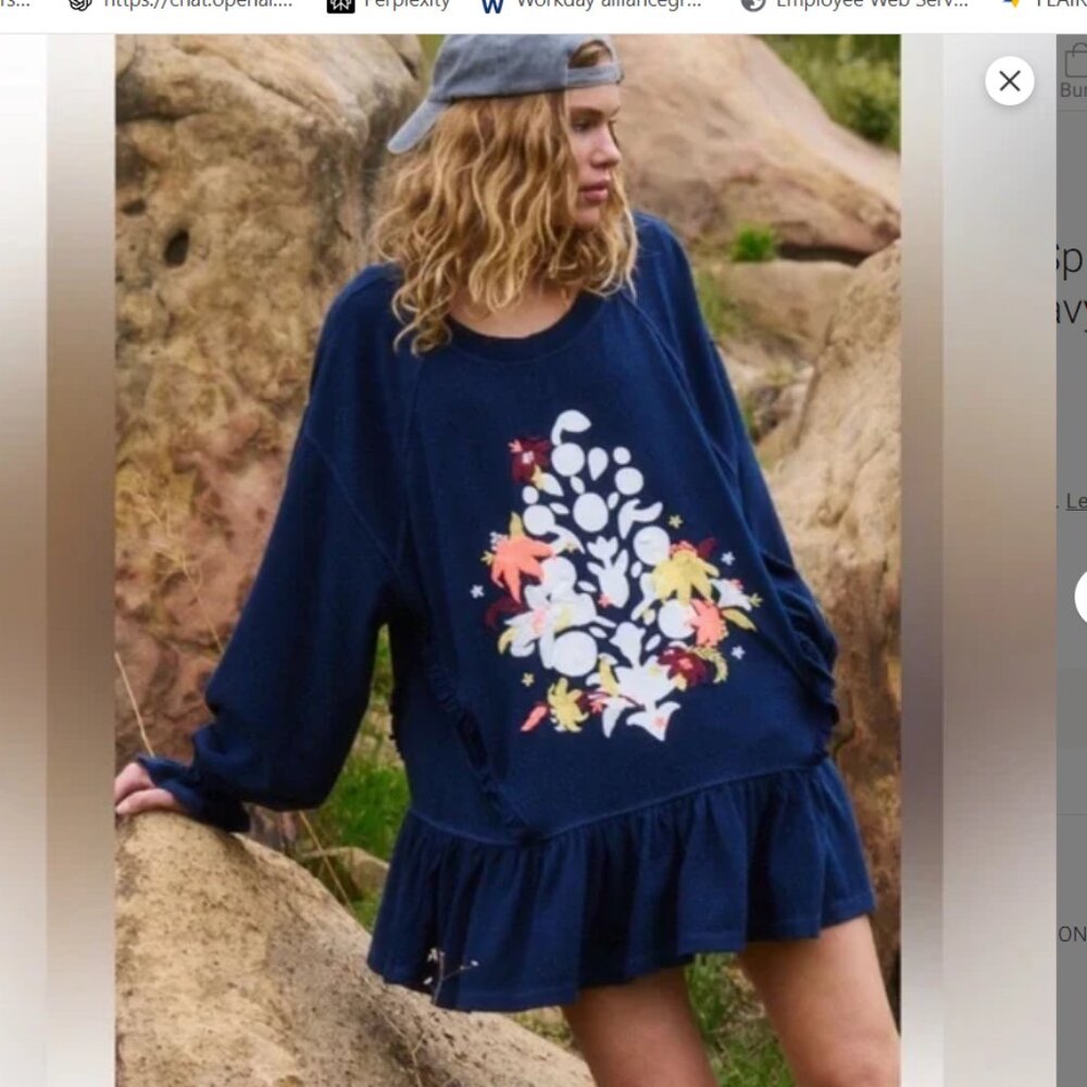 NWT FP Movement Embroidered Spring Forward Tunic Buti Logo Midnight Navy